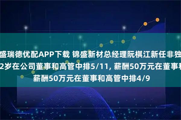 盛瑞德优配APP下载 锦盛新材总经理阮棋江新任非独立董事, 年龄52岁在公司董事和高管中排5/11, 薪酬50万元在董事和高管中排4/9